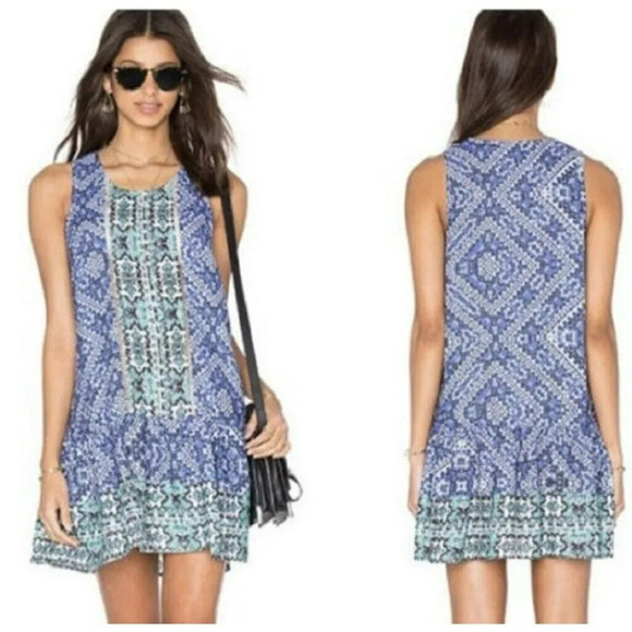 Lovers + Friends Mini Dress Women's Sz S  Blue Green Sleeveless Geometric Boho - Picture 1 of 11